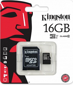 Карта памяти Kingston microSDHC 16GB Class 10 + SD адаптер